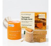 PLANTIFIQUE Savon Visage Corps au Curcuma - Savon Éclaircissant Peau Noir Rapide Efficace - 4 Barres & Baume Démaquillant Visage - Nettoyant Huile, Enlève Maquillage Waterproof, Crème Solaire - 40 g