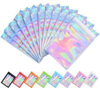 Plaphy Lot de 100 Pochons Zip Holographiques Refermables, Sachets Zip Hermétiques Revêtus d'Aluminium, Pochettes en Plastiques Mylar avec Trou de Suspension pour Emballage et Aliments (9 x 16 cm)