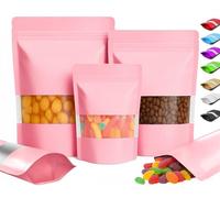 Plaphy Lot de 100 Sachets Doypack Colorés avec Fenêtre, Pochettes Zip Hermétiques Aluminium, Sac Mylar Alimentaire Autoportant Refermable pour Stockage, Conservation et Emballage (Rose, 16 x 24 cm)