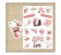 Plaque 18 Stickers Esprit Japon - Autocollants Prédécoupés Thème Japon & Sakura - Chats Kawaii, Kimono, Pagode, Sushi - Papier Mat - Idéal Agenda, Carnet & Scrapbooking