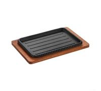 Plaque à Griller en Fonte 25x17cm Réversible pour Plancha et Grillades - Compatible Induction pour gaz Four - pour surface Antiadhésive Naturelle pour BBQ Teppanyaki Intérieur (With Wooden Board)