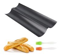 Plaque à Pain, Moule à Pain Baguette Français avec Revêtement Antiadhésif avec 2 Pinceau de Cuisine, Plaque à Baguette Moule pour 2 Baguettes, Moule à Pâtisserie en Bâton Perforé Français Antiadhésif