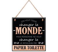 Plaque bois déco WC Changer le monde 20 x 20 cm