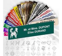 Plaque Boîte aux Lettres Déco Personnalisable De 1 À 3 Lignes - Logo Ou Motif Avec Nom Gravé - Adhésive PVC - 10 x 2,5 cm (Vert + Dessin)