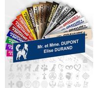 Plaque Boîte aux Lettres Déco Personnalisable De 1 À 3 Lignes - Logo Ou Motif Avec Nom Gravé - Adhésive PVC - 10 x 2,5 cm (Bleu + Dessin)