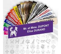 Plaque Boîte aux Lettres Déco Personnalisable De 1 À 3 Lignes - Logo Ou Motif Avec Nom Gravé - Adhésive PVC - 10 x 2,5 cm (Violet + Dessin)