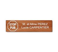 Plaque Boîte aux Lettres Personnalisable avec Stop Pub - 10x2,5 cm - Nom sur Etiquette Gravée pour Maison Bureau - PVC Résistant Adhésif - Poirier