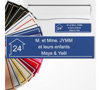 Plaque Boîte aux Lettres Personnalisée 10x2,5 cm adhésive en PVC - Gravure Laser - 22 Couleurs - Avec ou Sans Motif (Bleu texte blanc)