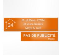 Plaque boîte aux lettres personnalisée 10x2,5cm adhésive + Plaque Pas de Publicité 8x2cm - Gravure Laser - 22 Couleurs - Avec ou Sans Motif (Orange texte blanc)