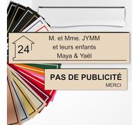 Plaque boîte aux lettres personnalisée 10x2,5cm adhésive + Plaque Pas de Publicité 8x2cm - Gravure Laser - 22 Couleurs - Avec ou Sans Motif (Sable texte noir)