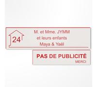 Plaque boîte aux lettres personnalisée 10x2,5cm adhésive + Plaque Pas de Publicité 8x2cm - Gravure Laser - 22 Couleurs - Avec ou Sans Motif (Blanc texte rouge)