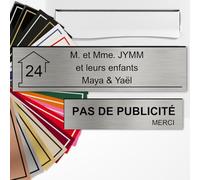 Plaque boîte aux lettres personnalisée 10x2,5cm adhésive + Plaque Pas de Publicité 8x2cm - Gravure Laser - 22 Couleurs - Avec ou Sans Motif (Acier brossé texte noir)