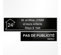 Plaque boîte aux lettres personnalisée 10x2,5cm adhésive + Plaque Pas de Publicité 8x2cm - Gravure Laser - 22 Couleurs - Avec ou Sans Motif (Noir mat texte blanc)