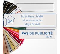 Plaque boîte aux lettres personnalisée 10x2,5cm adhésive + Plaque Pas de Publicité 8x2cm - Gravure Laser - 22 Couleurs - Avec ou Sans Motif (Blanc texte bleu)