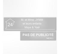 Plaque boîte aux lettres personnalisée 10x2,5cm adhésive + Plaque Pas de Publicité 8x2cm - Gravure Laser - 22 Couleurs - Avec ou Sans Motif (Gris texte blanc)