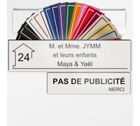 Plaque boîte aux lettres personnalisée 10x2,5cm adhésive + Plaque Pas de Publicité 8x2cm - Gravure Laser - 22 Couleurs - Avec ou Sans Motif (Blanc texte noir)