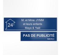 Plaque boîte aux lettres personnalisée 10x2,5cm adhésive + Plaque Pas de Publicité 8x2cm - Gravure Laser - 22 Couleurs - Avec ou Sans Motif (Bleu marine texte blanc)