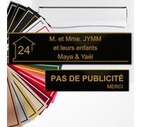 Plaque boîte aux lettres personnalisée 10x2,5cm adhésive + Plaque Pas de Publicité 8x2cm - Gravure Laser - 22 Couleurs - Avec ou Sans Motif (Noir mat texte or)