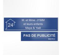 Plaque boîte aux lettres personnalisée 10x2,5cm adhésive + Plaque Pas de Publicité 8x2cm - Gravure Laser - 22 Couleurs - Avec ou Sans Motif (Bleu texte blanc)