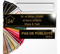 Plaque boîte aux lettres personnalisée 10x2,5cm adhésive + Plaque Pas de Publicité 8x2cm - Gravure Laser - 22 Couleurs - Avec ou Sans Motif (Noir brillant texte or)