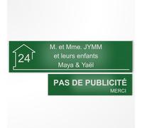 Plaque boîte aux lettres personnalisée 10x2,5cm adhésive + Plaque Pas de Publicité 8x2cm - Gravure Laser - 22 Couleurs - Avec ou Sans Motif (Vert foncé texte blanc)