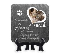Plaque commémorative carrée personnalisée 10 x 10 cm avec nom, Date, Photo et Support pour Animal Domestique, Chat, Chien, Ardoise, Pierre tombale - Photo Coeur