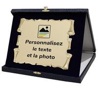 Plaque Commémorative Personnalisable avec Texte et Photo | Aluminium Doré | Coffret Prestige | Pour Retraite, Mariage, Récompense, Anniversaire (Bleu & Or, 20x15 cm)
