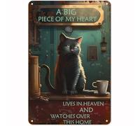Plaque commémorative pour chat « Un gros morceau de mon cœur vit au paradis » en aluminium et métal, décoration murale pour la maison, le bar, le pub, 20,3 x 30,5 cm