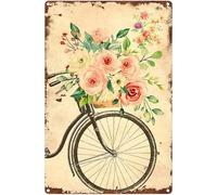 Plaque créative en métal en forme de vélo avec fleur rose rouge - Décoration murale d'été - Décoration de ferme, maison, café, bar, salon, chambre à coucher - 20,3 x 30,5 cm