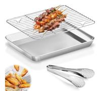 Plaque Cuisson avec Grille Refroidissement Amovible & Pince Cuisine, Plaques Pâtisserie Rectangulaire Acier Inoxydable, Facile Nettoyer Plat Rôtir pour Cuire Refroidir (40.5 x 30.5x 2.5 cm)
