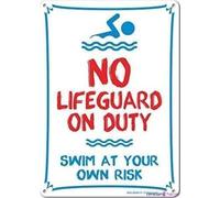 Plaque d'avertissement de rue en métal avec inscription « No Lifeguard On Duty Swim At Your Own Risk » - Rouge, bleu sur blanc - Affiche murale en aluminium pour décoration murale - 20,3 x 30,5 cm