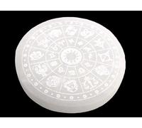 Plaque de chargement en sélénite avec signe du zodiaque « Astrologie » - Gravure Ø 10,5 cm - Environ 220 g - Avec petit support en acrylique