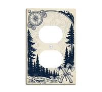 Plaque de couverture de sortie duplex sur le thème de l'aventure sauvage | Illustration de carte topographique, motif haches croisées, silhouettes de forêt de pins, thème aventure