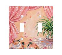 Plaque de couverture d'interrupteur double motif chat - Rideaux artistiques confortables - Plante d'été - Pêche - Plastique - Taille standard - Plaques d'interrupteur mural pour maison, salon, nouvel