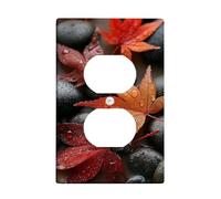 Plaque de couverture d'interrupteur en feuille d'érable d'automne, feuilles rouges vives sur galets, plaques murales thermoplastiques, prise duplex simple de taille standard