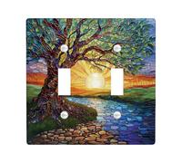 Plaque de couverture pour interrupteur de lumière d'arbre de vie, plaque murale artistique à double levier coucher de soleil d'été, arbre mosaïque multicolore, décoration de chambre à thème