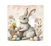 Plaque de couverture pour interrupteur de lumière de lapin de Pâques, lapin gris doux avec œufs colorés pour décoration de Noël, plaques murales en plastique, double levier de taille standard