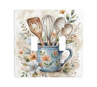 Plaque de couverture pour interrupteur double en forme de tasse, rustique, vintage, cuillère, fouet en plastique bleu, taille standard, pour la maison, le salon, la chambre à coucher, la salle de bain