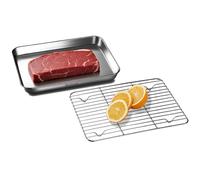 Plaque de Cuisson 2-en-1 en Acier Inoxydable 304 avec Grille de Refroidissement - Antiadhésif, Lavable au Lave-Vaisselle (23.7x17.7x3cm) - Pour Four, Airfryer, Cuisson & Service