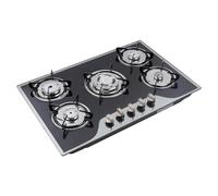 Plaque de cuisson à gaz, 5 feux, encastrable autonome, en verre trempé, noire, avec supports en fonte, convertible NG/LPG