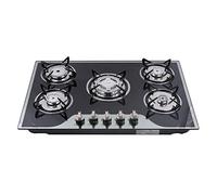 Plaque de cuisson à gaz, 5 feux, encastrable, en verre trempé, 8 mm, compatible GPL et gaz naturel, allumage automatique, boutons en bakélite, cadre en acier inoxydable, pour cuisine et gastronomie