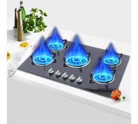 Plaque de cuisson à gaz 5 feux, plaque de cuisson encastrable en verre, réchaud à gaz avec dispositif d'arrêt automatique de flamme, cuisinière en verre noir, allumage par batterie, 77 x 51 x 7 cm