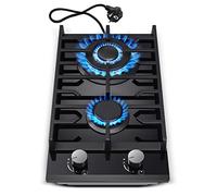 Plaque de cuisson à gaz à 2 feux, 30 cm, noire, en verre trempé, avec supports en fonte, convertible NG/LPG, plaque de cuisson à gaz avec protection contre la flamme