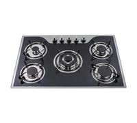 Plaque de cuisson à gaz à 5 flammes, 77 x 51 cm, verre revêtu, noir/argent, réglage fin à 180°, 63 % TH 2000 Pa, plan de travail encastrable, impulsion électrique, 11,2 kg, avec support de casserole