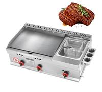 Plaque de Cuisson à Gaz Commerciale, Grill Plancha de Comptoir en Acier Inoxydable avec Friteuse, Poêle Teppanyaki avec Température Réglable pour Restaurant, Traiteur & Snack Bar
