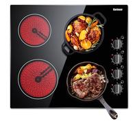 Plaque de cuisson en céramique, table de cuisson électrique de 60 cm, plaques de cuisson en céramique à 4 brûleurs intégrées avec boutons de commande électroniques, verre cristal noir, 6000 W, sécurité d'arrêt automatique, indicateur de chaleur résiduelle Karinear
