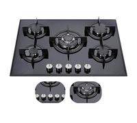 Plaque de cuisson en verre 5 brûleurs, plaque de cuisson gaz à encastrer, 75 cm, grille professionnelle en fonte robuste, vitrocéramique, dispositif de sécurité à la flamme FFD, poignées de contrôle