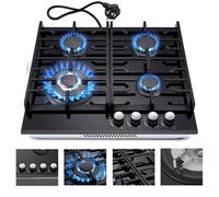 Plaque de cuisson gaz - 8000 W - Table de cuisson gaz encastrable - 4 foyers - Gaz Naturel/Propane - Verre Noir