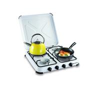 Plaque de cuisson gaz portable 4 feux - Réchaud gaz 4650W Blanc Couvercle et grilles amovibles Camping Cuisine Exterieure KEMPER