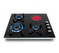 Plaque de cuisson mixte 3 foyers gaz et 1 foyer vitrocéramique - Double couronne 7400 W - Manettes - encastrable - Vitrocéramique et Gaz